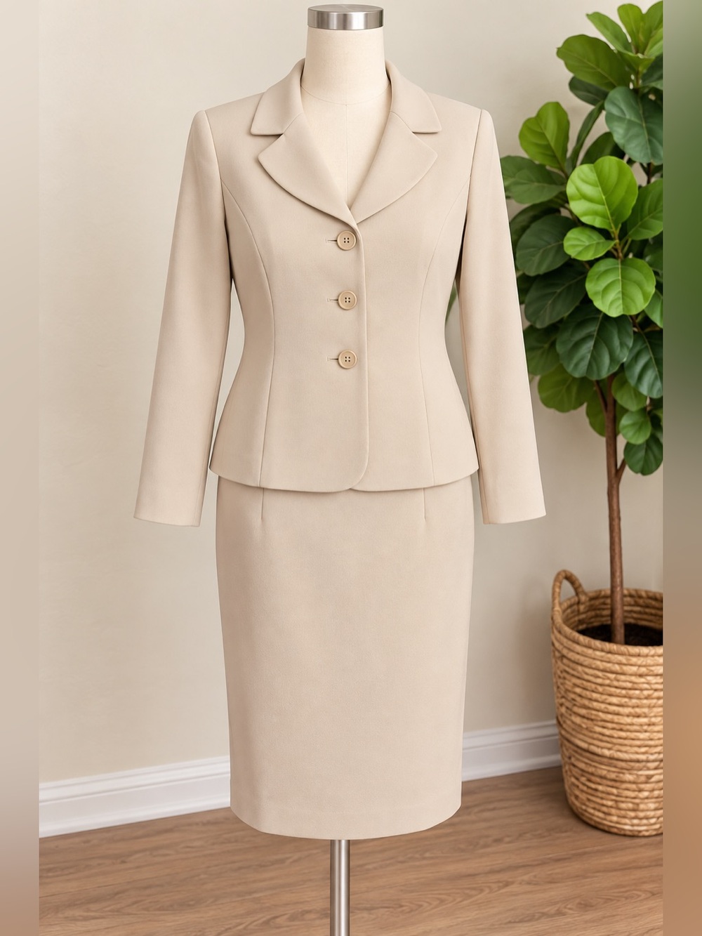 Preston & York Women’s 2-Piece Skirt Suit Size 16 Cream Beige Career